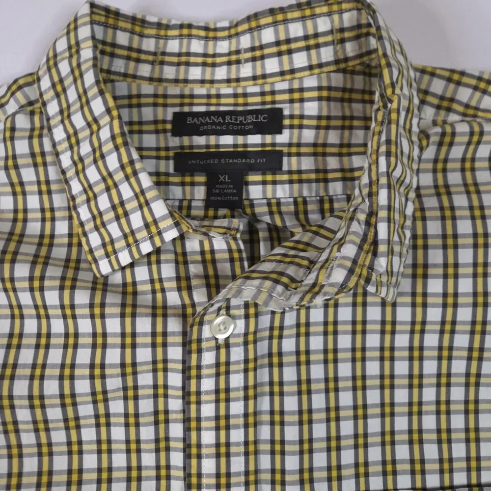 Banana Republic Men's Checkered Button-Down Cotton Shirt Yellow/White Size XL